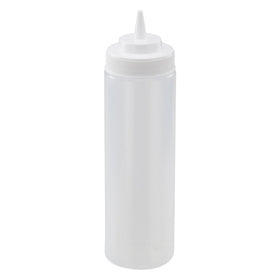 Winco wide-mouth squeeze bottle showing easy refilling with wide mouth opening.