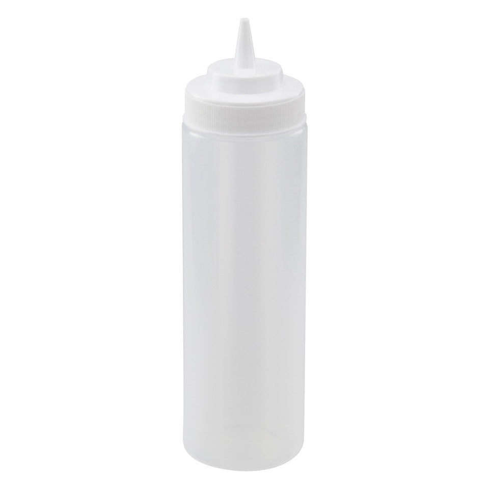 Winco wide-mouth squeeze bottle showing easy refilling with wide mouth opening.