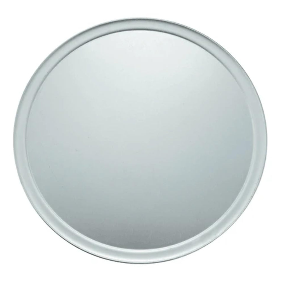 Winco Winware 16-Inch Pizza Tray with Wide Rim enables easy oven-to-table transport.