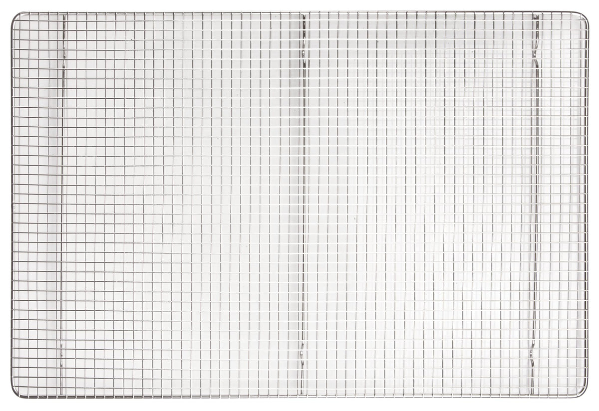 Winco wire sheet pan grate in stainless steel elevates food to prevent sticking.