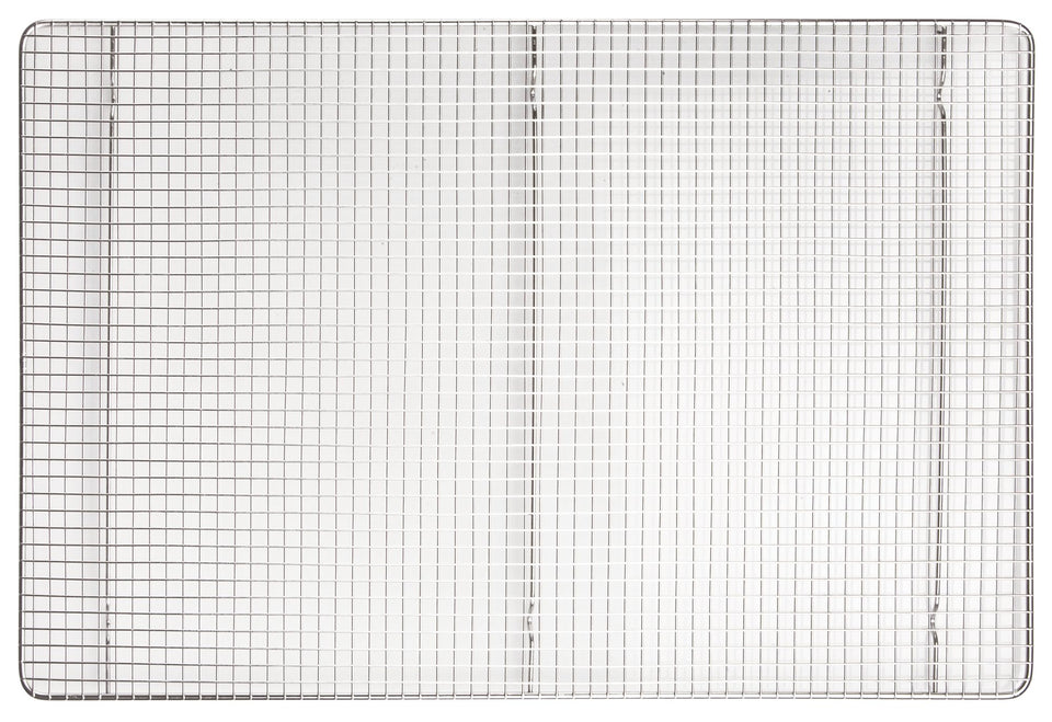 Winco wire sheet pan grate in stainless steel elevates food to prevent sticking.