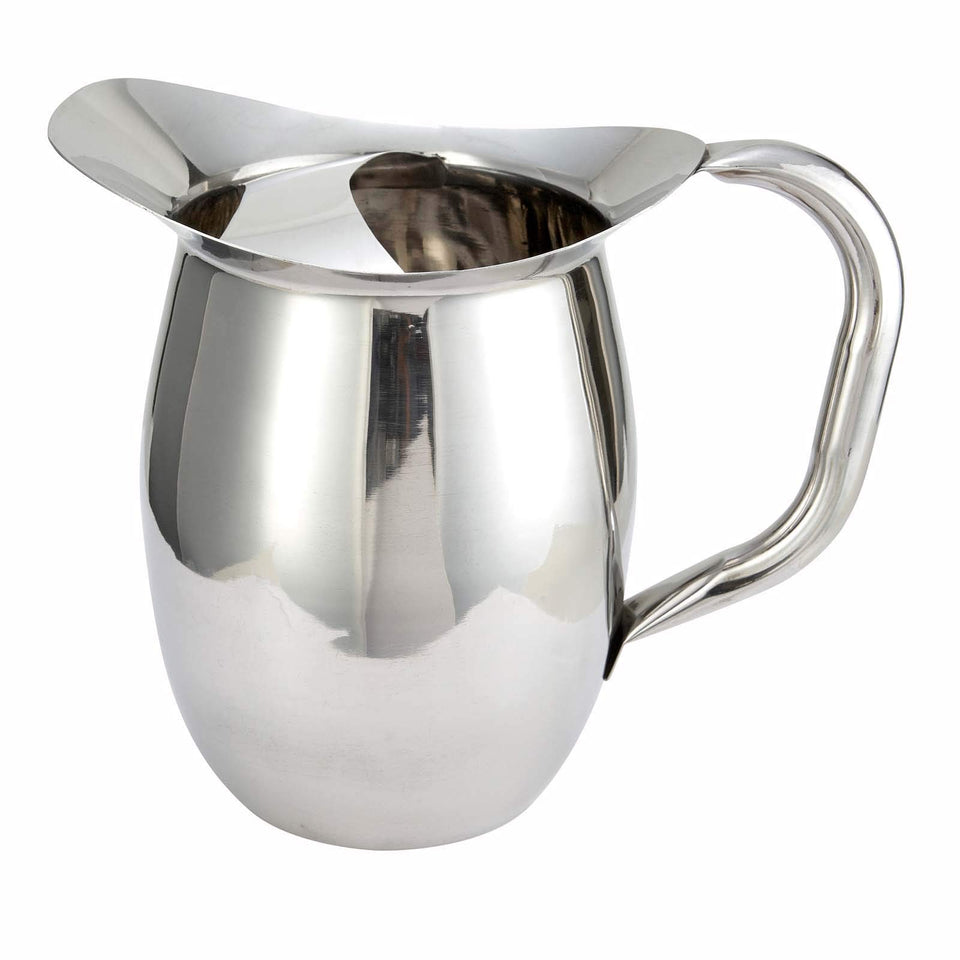 Winco WPB-2C deluxe bell pitcher front view with durable stainless steel and smooth pour.