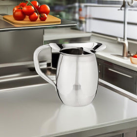 Winco WPB-2C deluxe bell pitcher side view shows ergonomic handle for comfortable pouring.