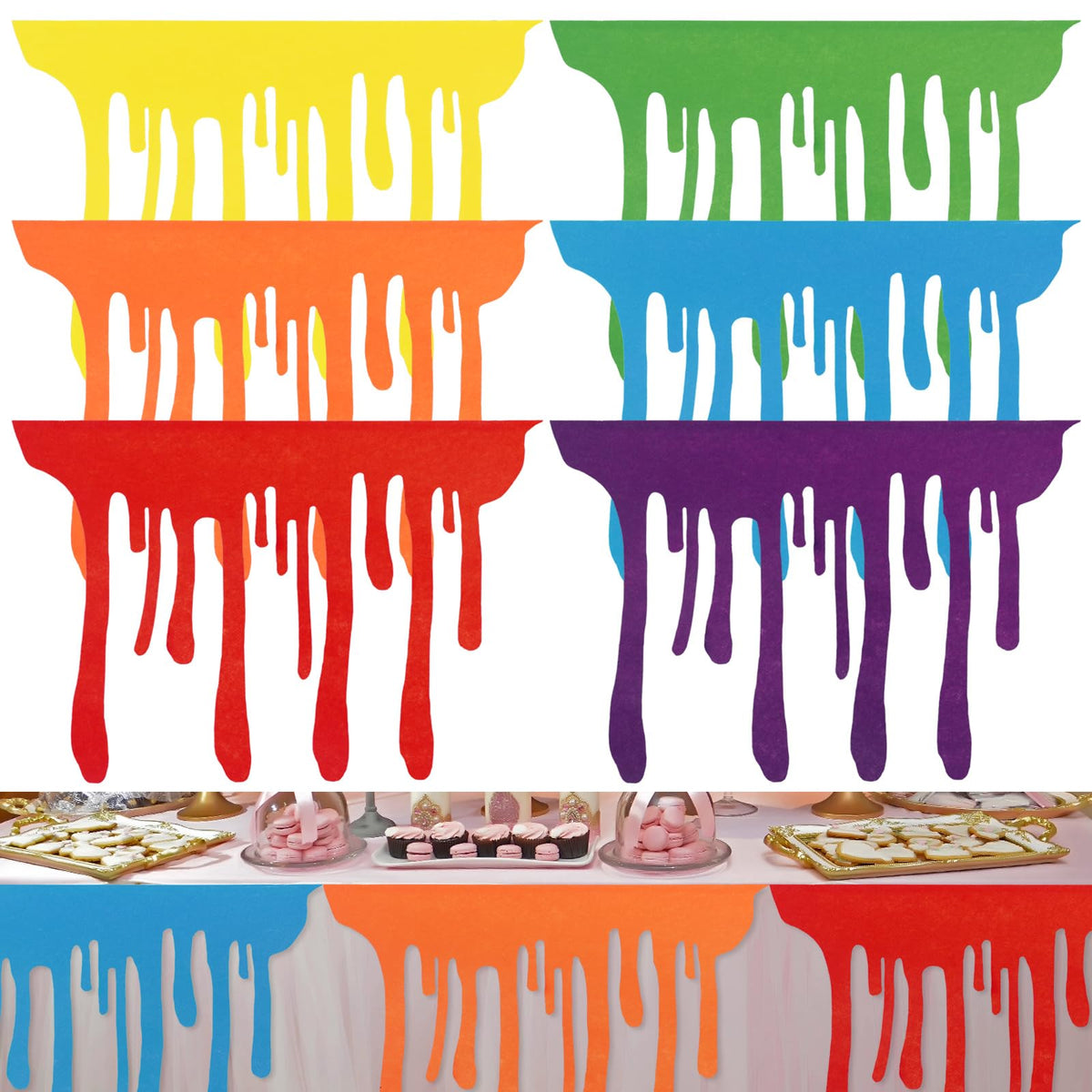 Windkream art table skirt with blue paint splatter adds vibrant color to parties