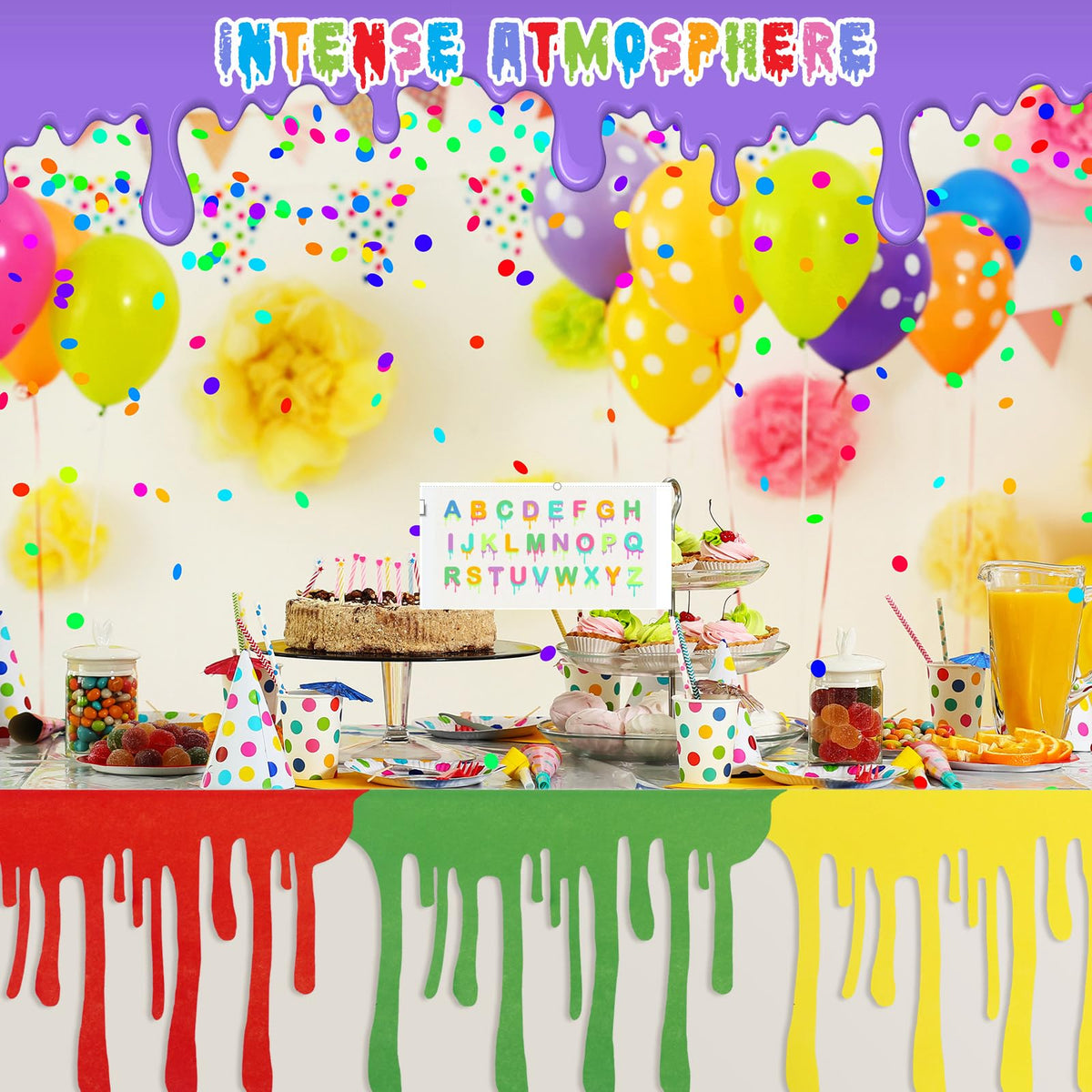 Windkream art table skirt with multicolor paint splatter offers versatile color options