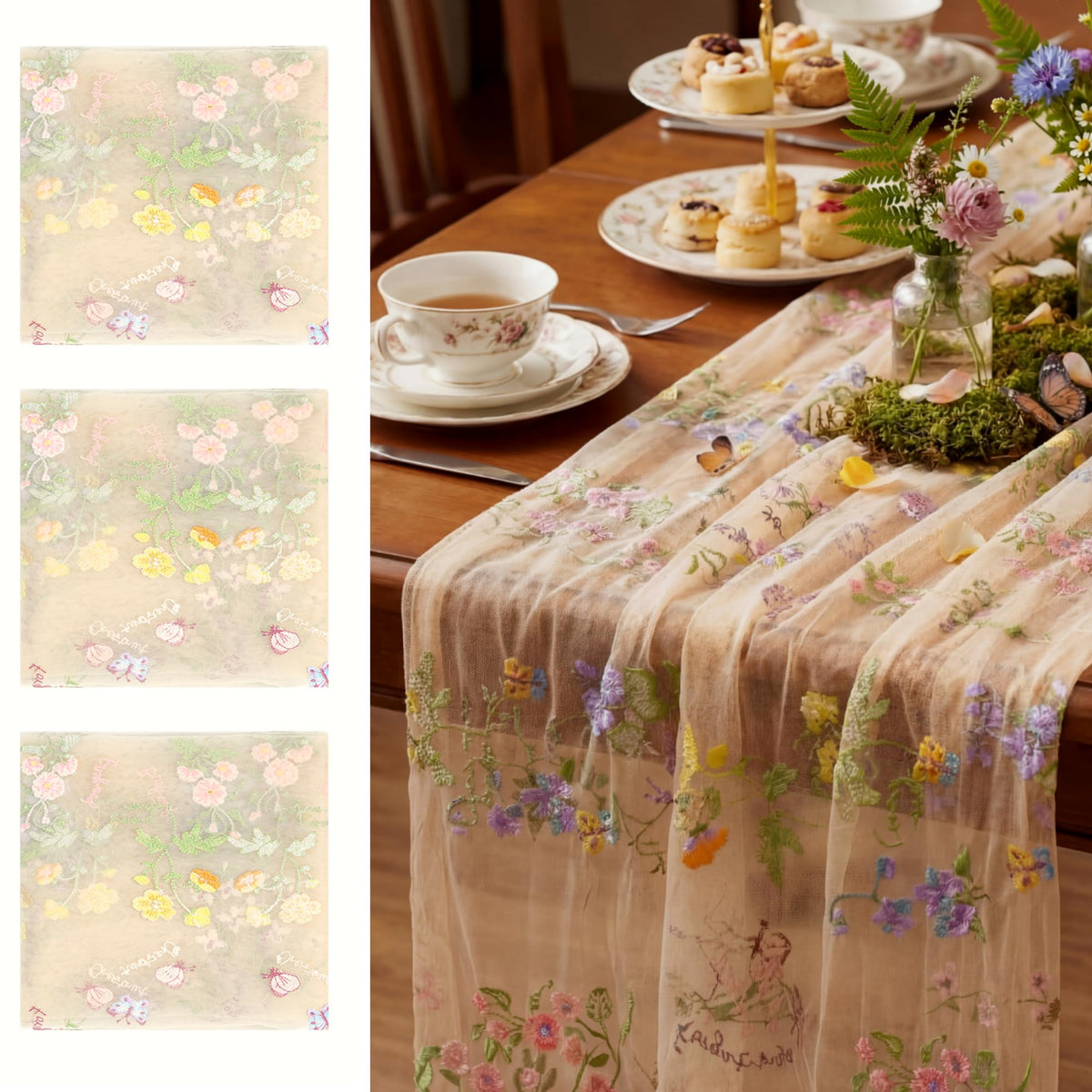 Windkream champagne floral table runner with embroidered daisies for elegant wedding decor.