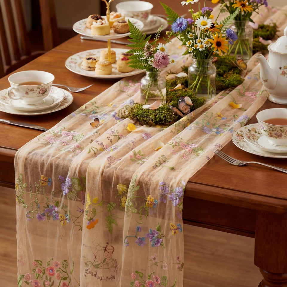 Windkream champagne floral table runner close-up embroidery with daisies and butterflies for elegant decor