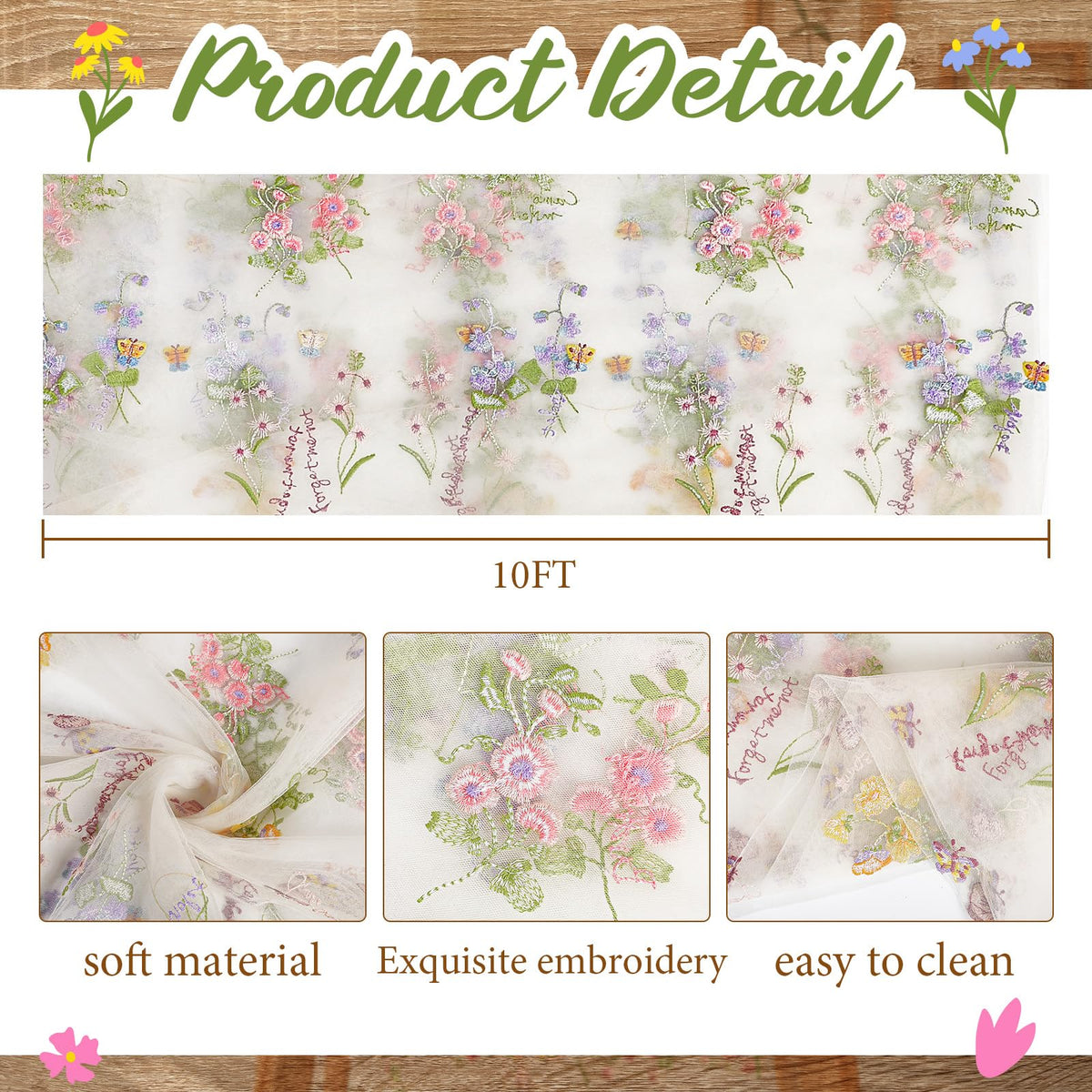 Close up of Windkream embroidery daisy pattern for elegant texture