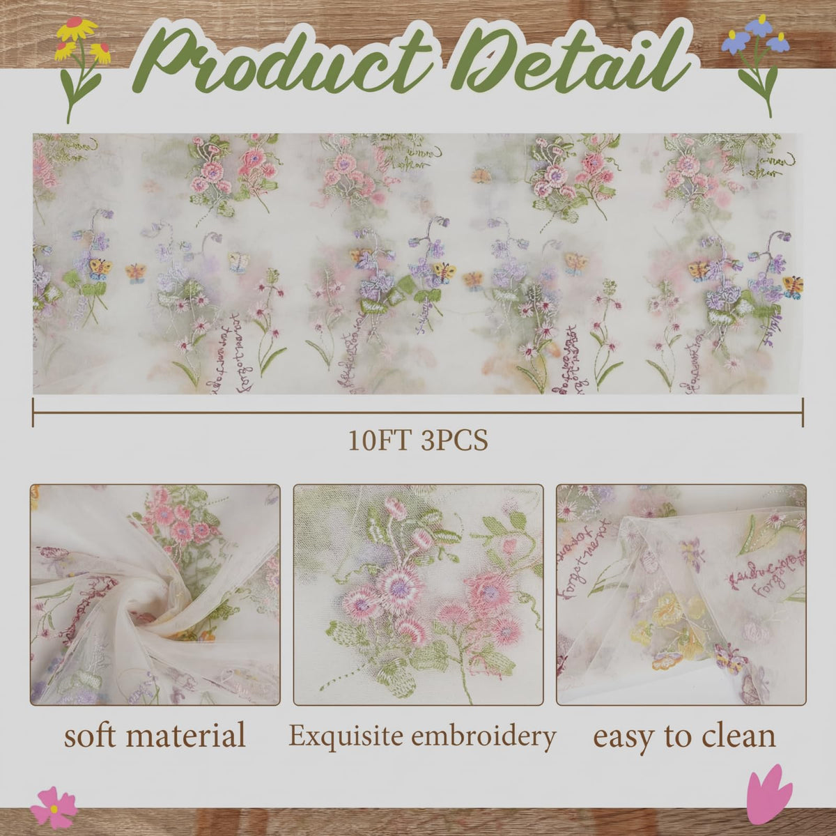 Windkream embroidered tulle with daisies and butterflies adds delicate charm to events.