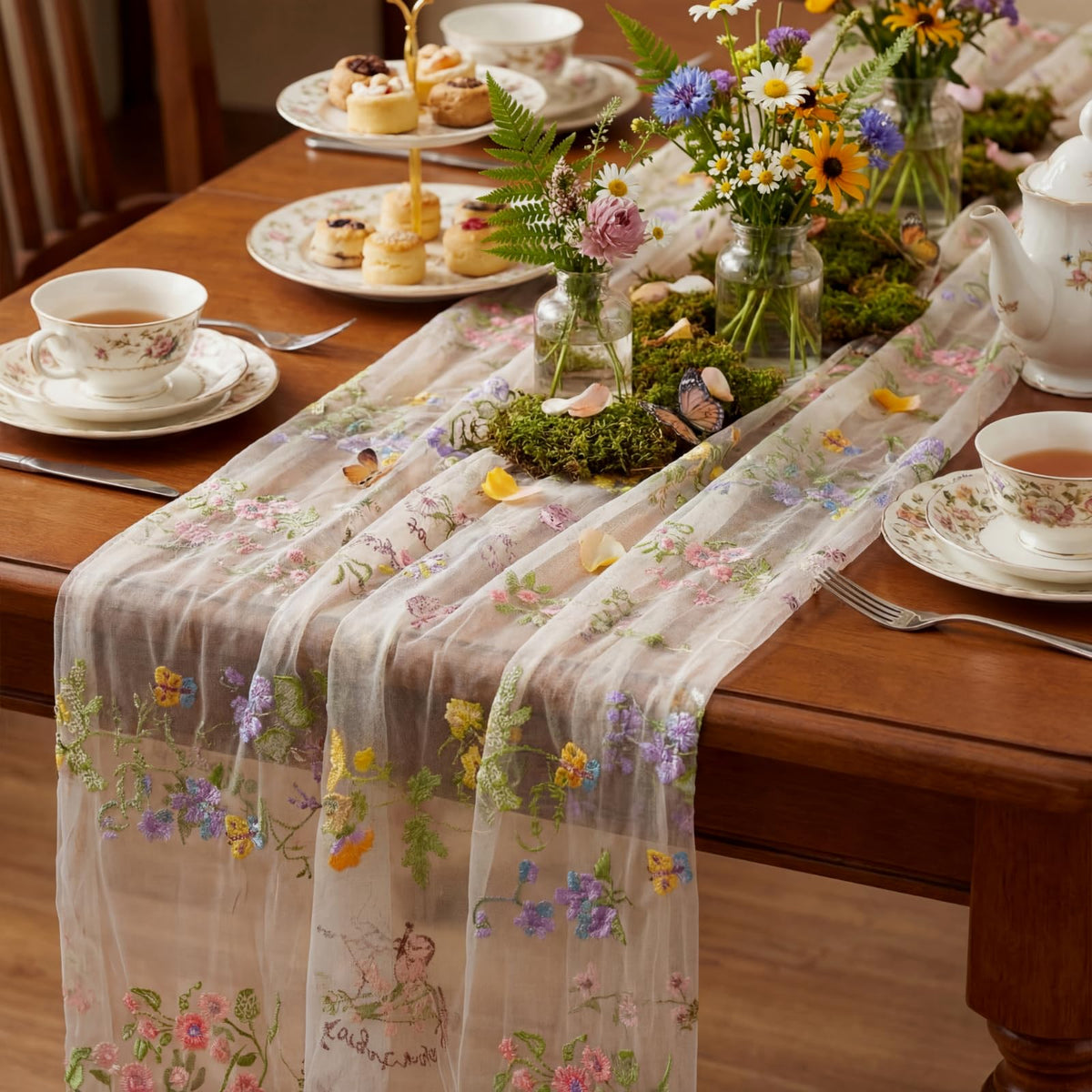 Windkream ivory white floral table runner with embroidery elevates spring dining tables