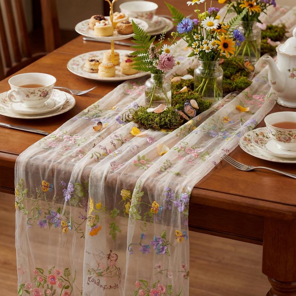 Windkream ivory white floral table runner with embroidery elevates spring dining tables