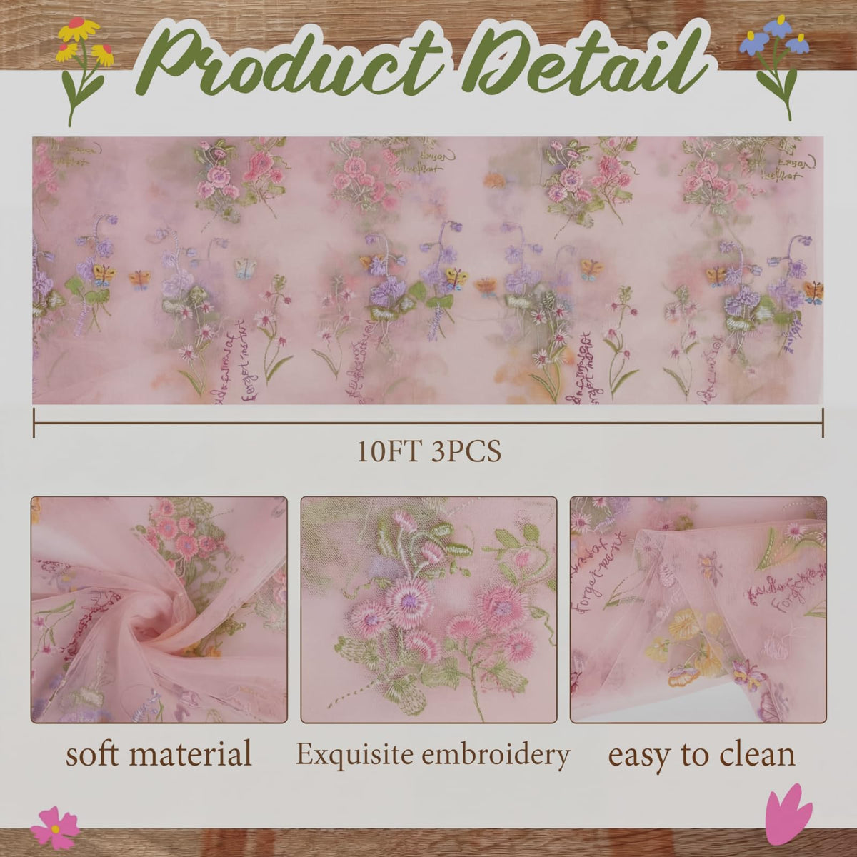 Windkream pink floral table runner close-up showing daisies embroidery.
