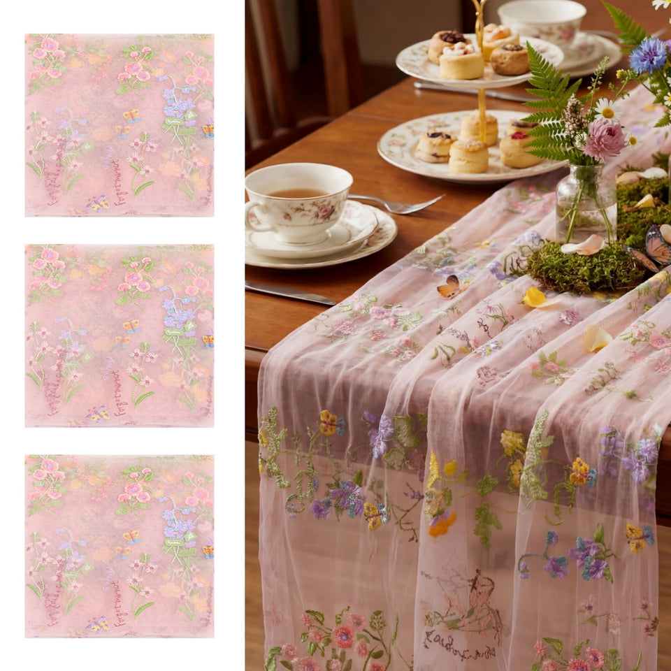 Windkream pink floral table runner with embroidery and butterflies for elegant table settings.