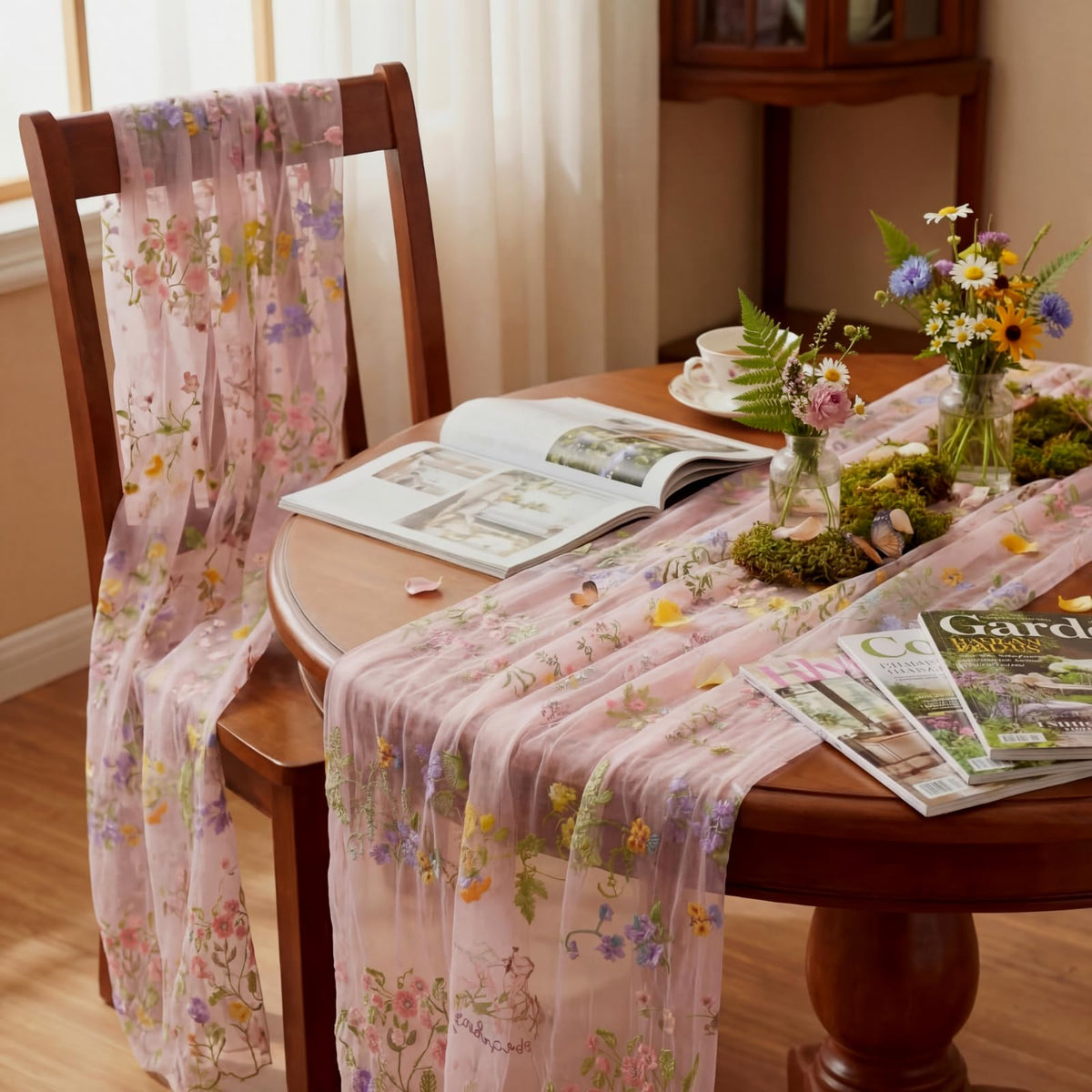 Windkream pink floral embroidery table runner full-length view on long table