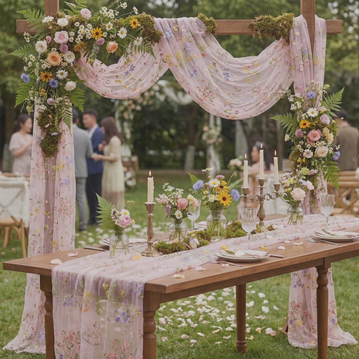 Windkream pink floral table runner nylon net base for soft drape and lightweight feel.
