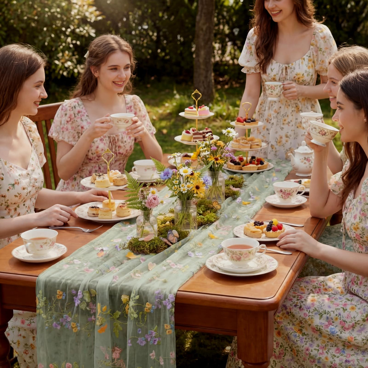 Windkream Sage Green Floral Table Runner features butterflies, enhancing springtime party ambience.