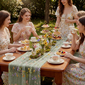 Windkream Sage Green Floral Table Runner features butterflies, enhancing springtime party ambience.