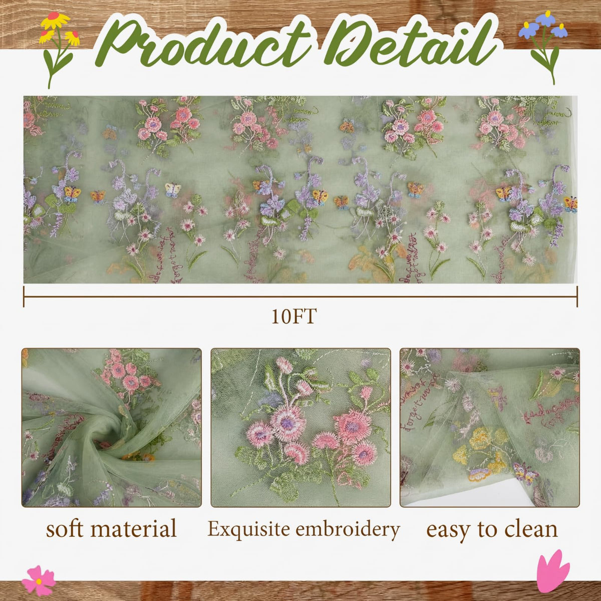 Windkream Sage Green Floral Table Runner with embroidery daisies, adds delicate texture to celebrations.