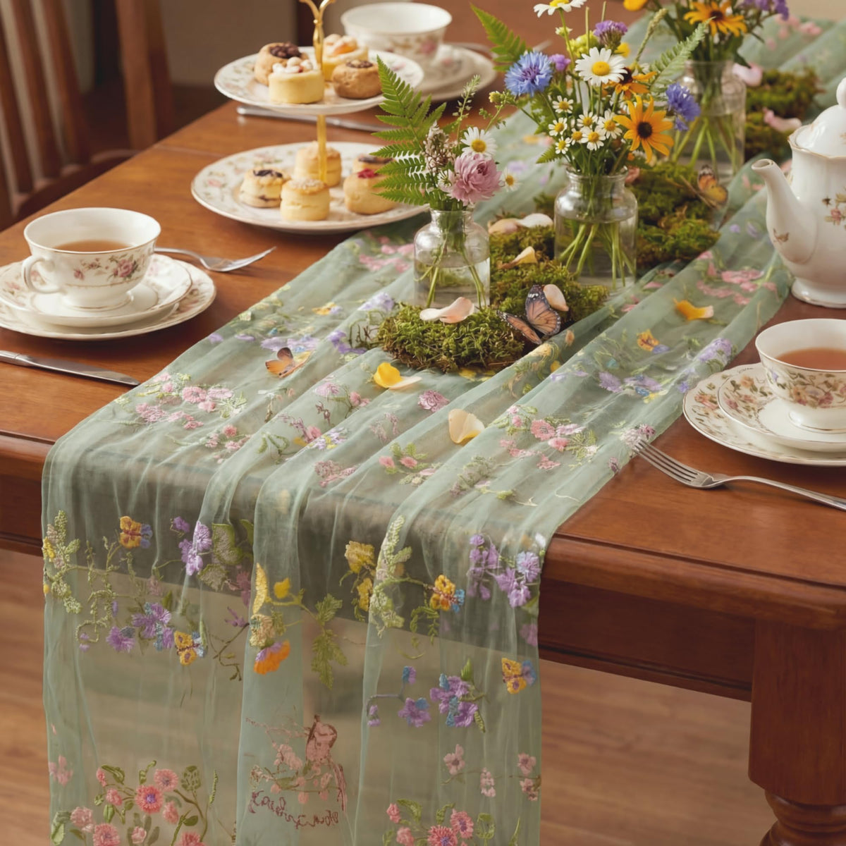 Windkream Sage Green Floral Table Runner, full view, ideal for elegant wedding or dining decor.