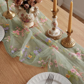 Windkream Sage Green Floral Table Runner close-up shows soft, lightweight embroidery.