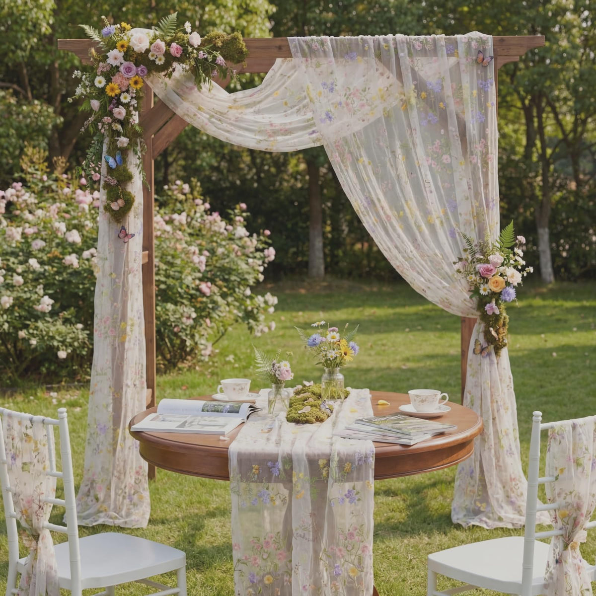 Windkream soft nylon base with polyester flowers provides lightweight, durable decor.