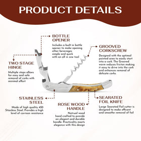 Wine Chic double-hinged lever enables smooth cork extraction.