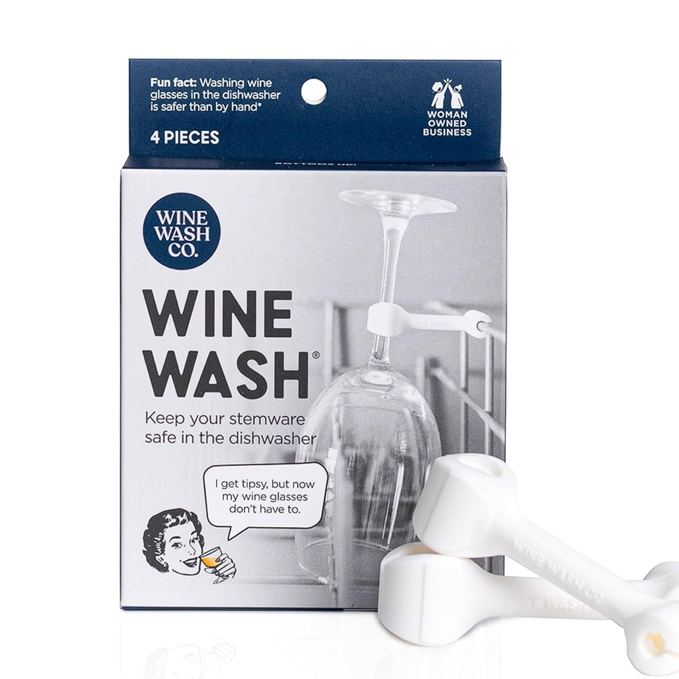 Wine Wash dishwasher attachment clip securely holds stemware during washing