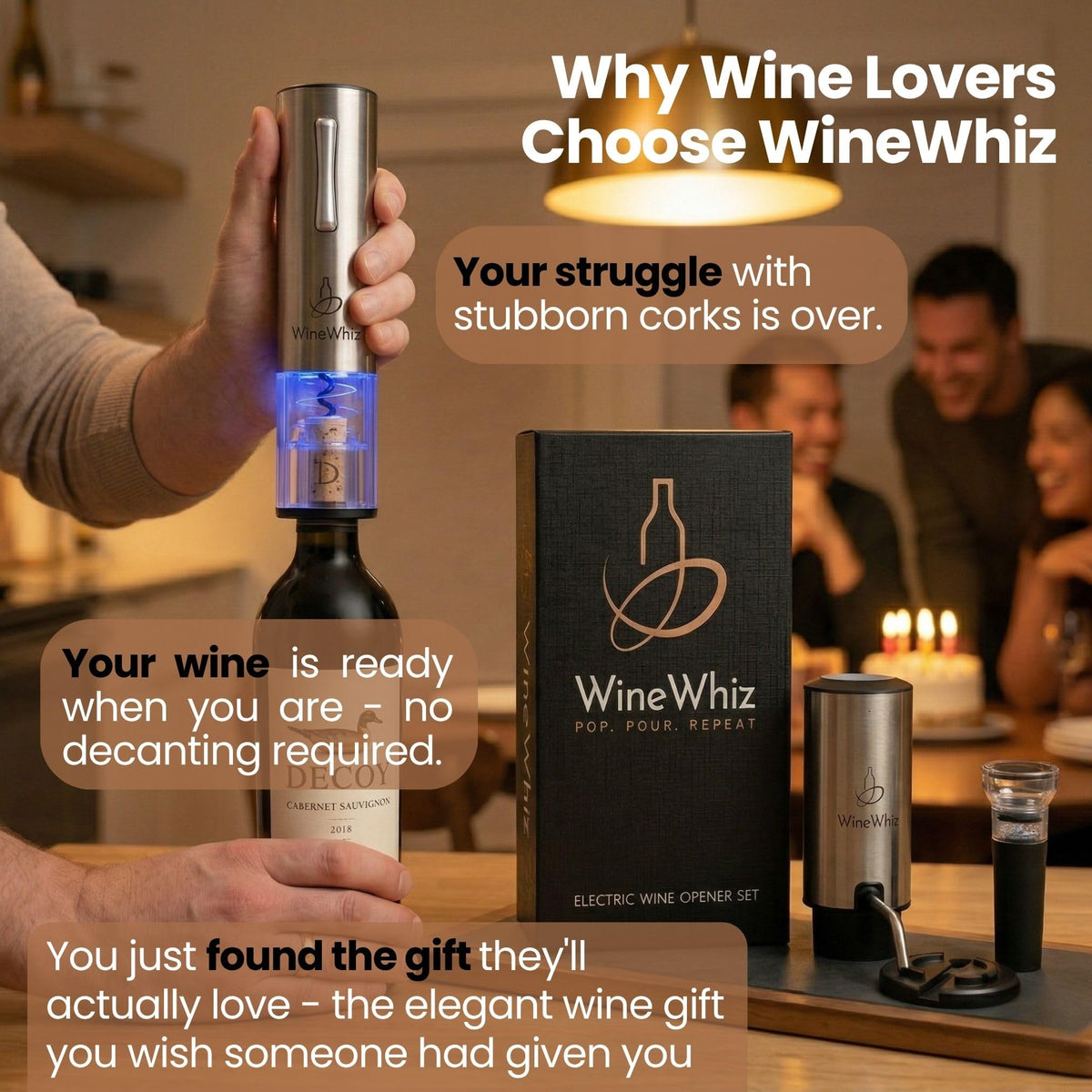 WineWhiz foil cutter shown for clean seal removal.