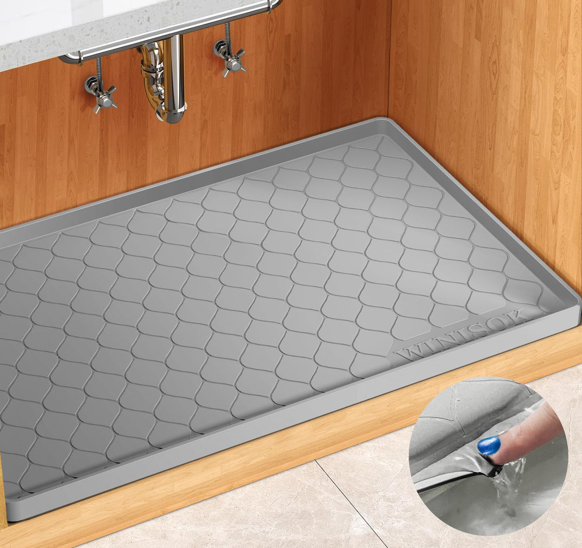 Winisok silicone under sink mat 28x19 inches, waterproof cabinet protection.