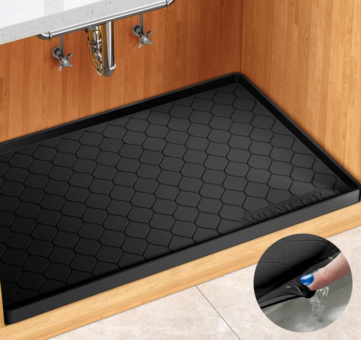 Winisok under-sink mat 31x22 protects cabinets from leaks and spills.