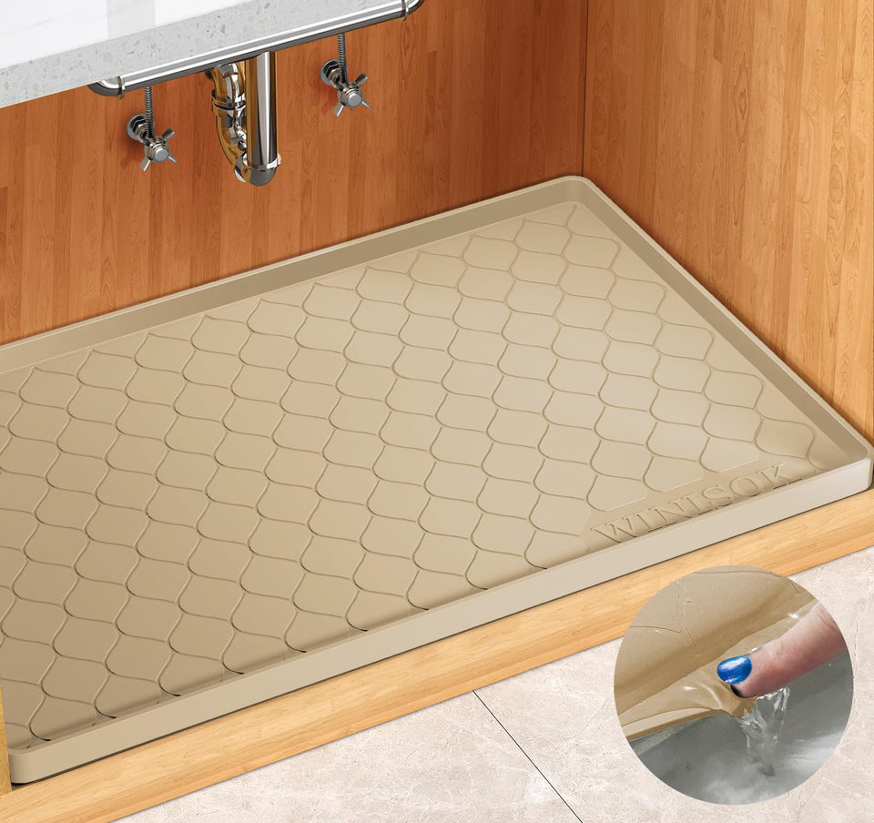Winisok under-sink mat with waterproof surface protects cabinets from leaks.