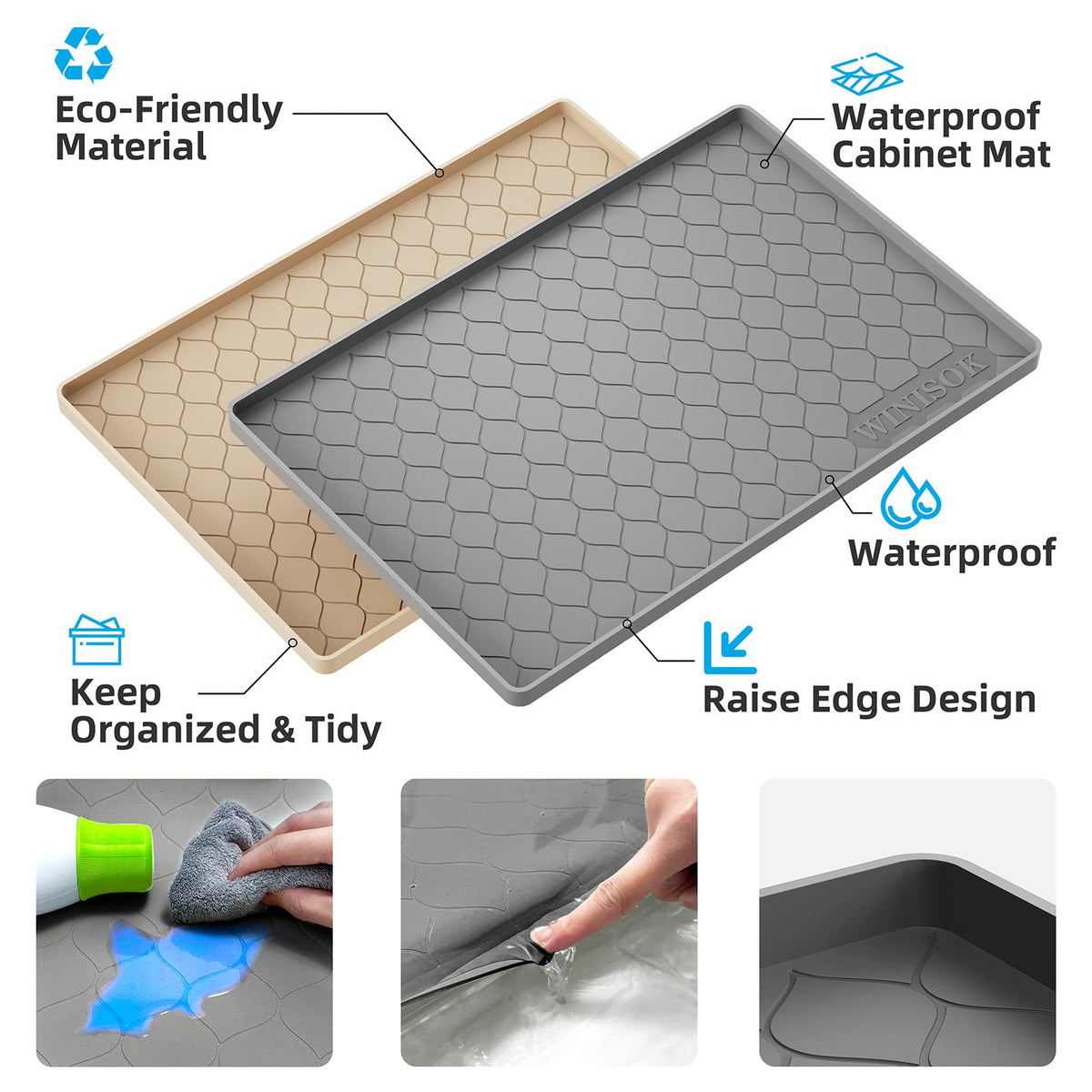 Winisok waterproof silicone mat offers heavy-duty protection for kitchen and bath cabinets.