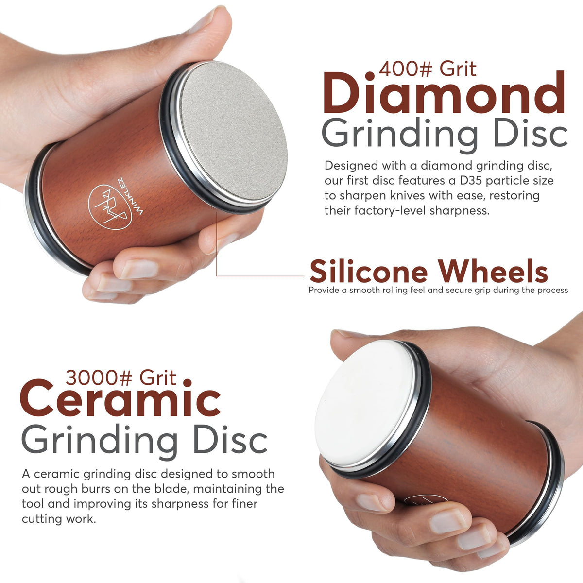 Winklez rolling sharpener with ceramic disc delivers polished edges
