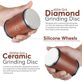 Winklez rolling sharpener with ceramic disc delivers polished edges