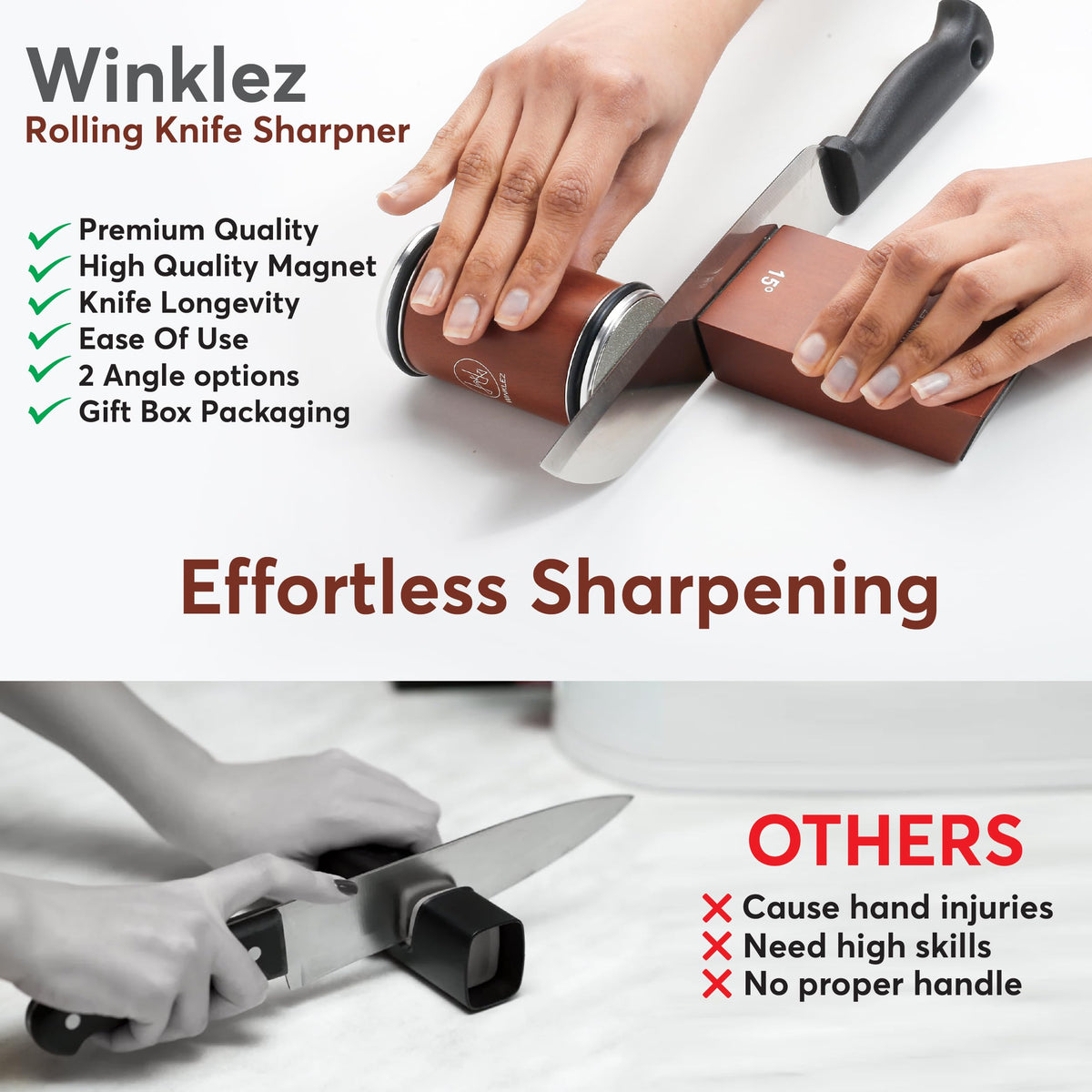 Winklez rolling sharpener in use with blade edge refined