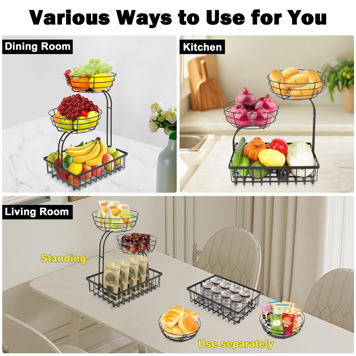 Winmien 3-tier basket full of fruits, ready-to-reach pantry display.