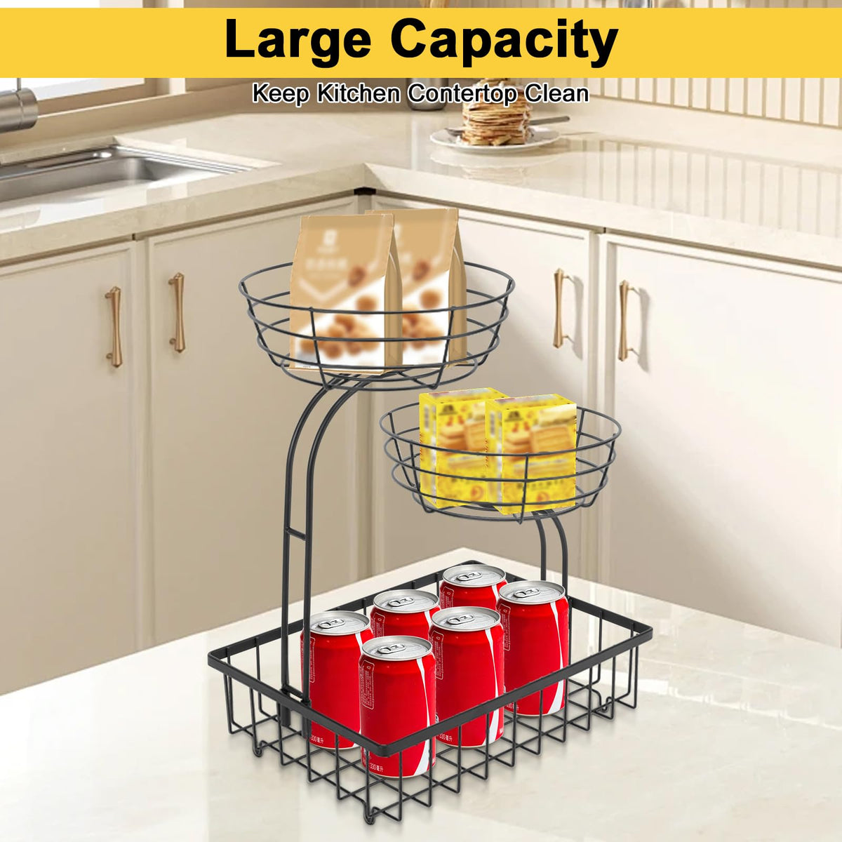 Winmien 3-tier fruit basket stacked layout maximizes vertical storage.