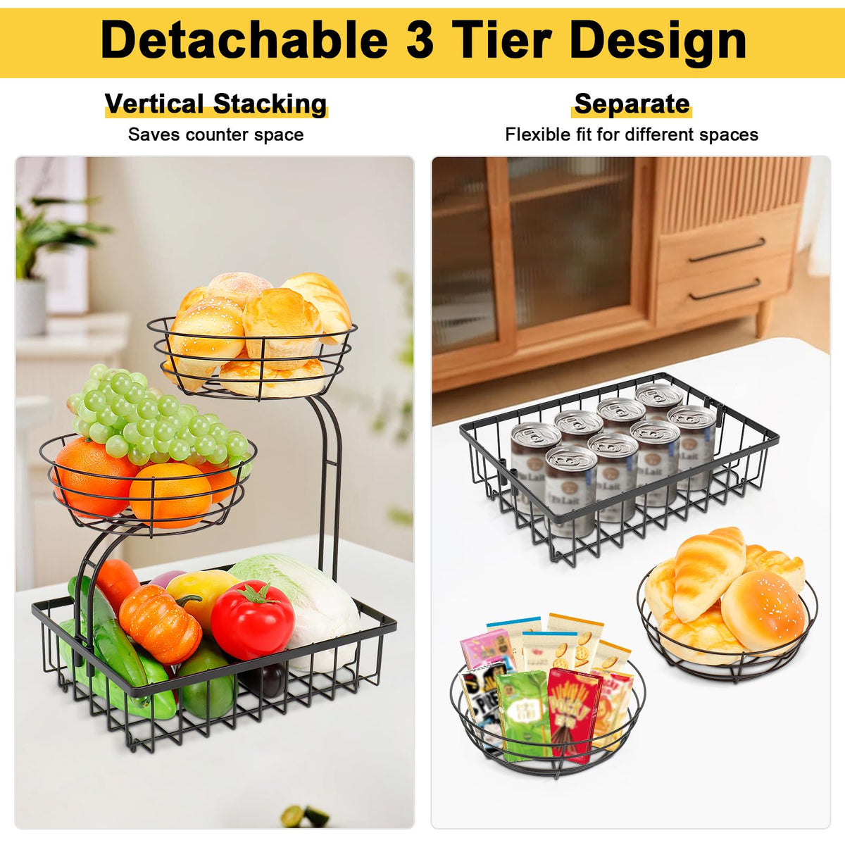 Winmien 3-tier fruit basket top view, easy access to fruits and snacks.