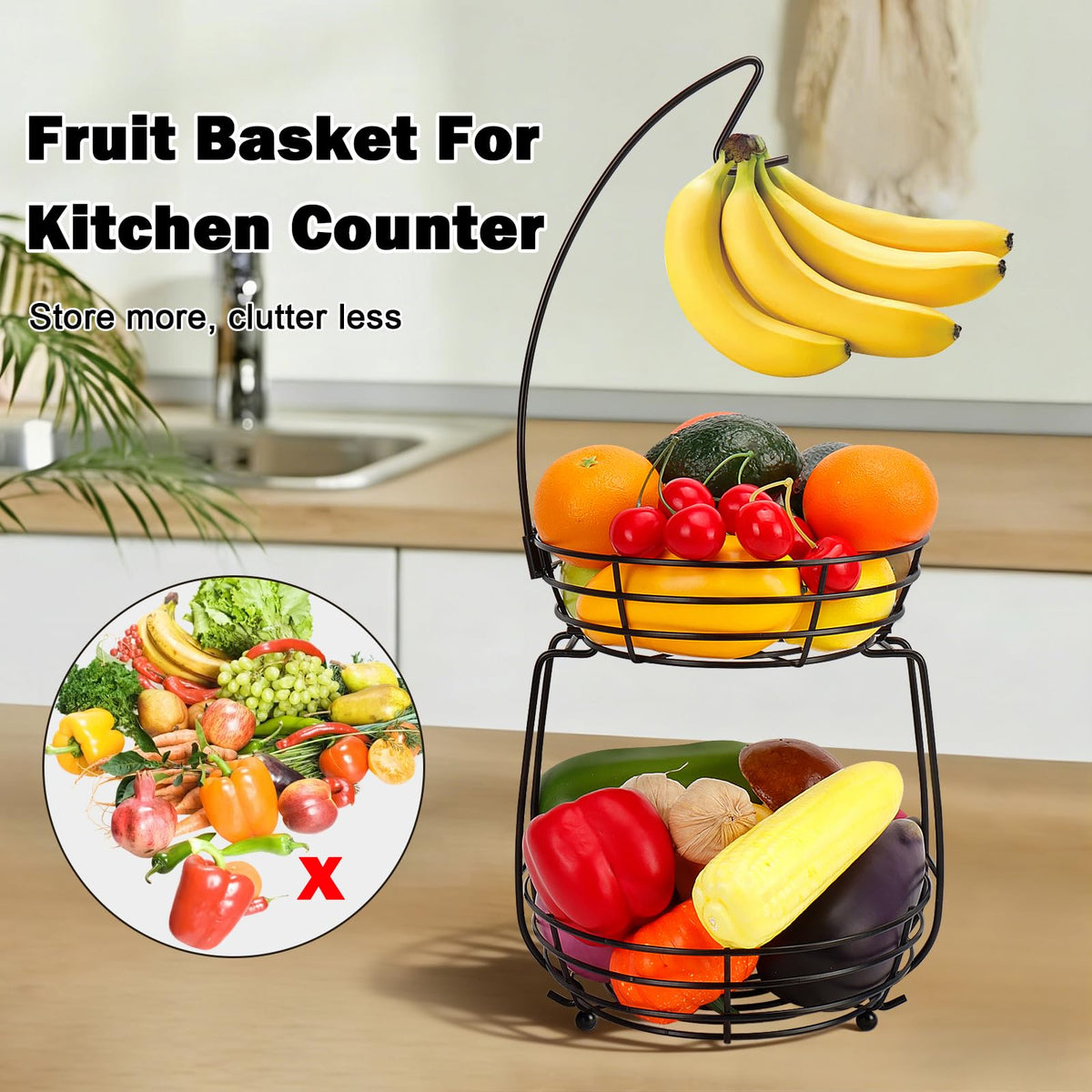 Winmien Banana hanger fruit basket keeps ripe fruit within reach.
