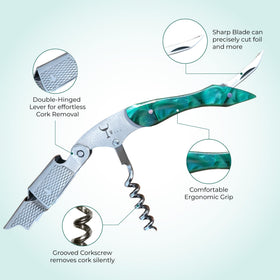 Close-up of double-hinged action on Wino Wine Key in use.