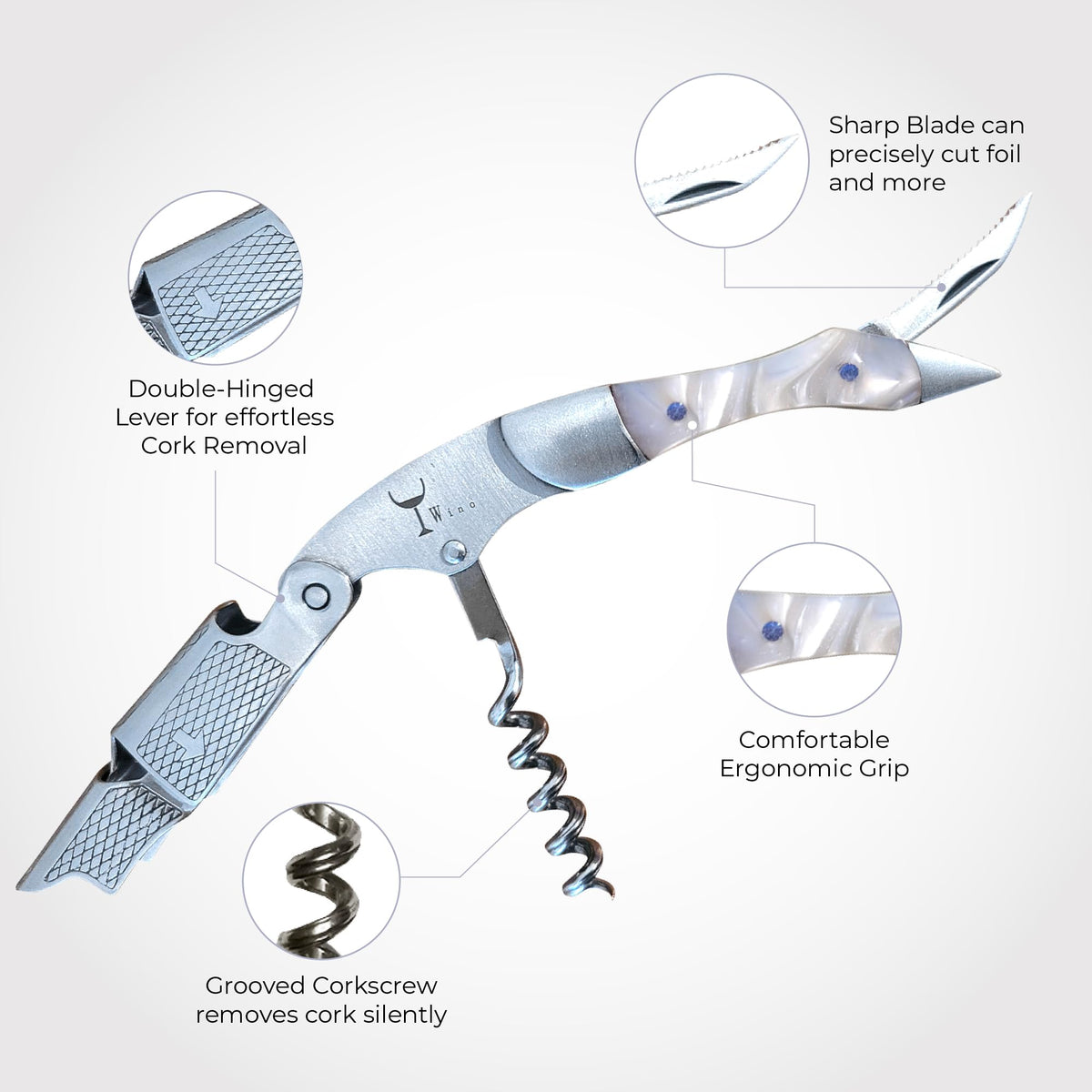 Wino Wine Key double-hinged lever delivers easy cork extraction