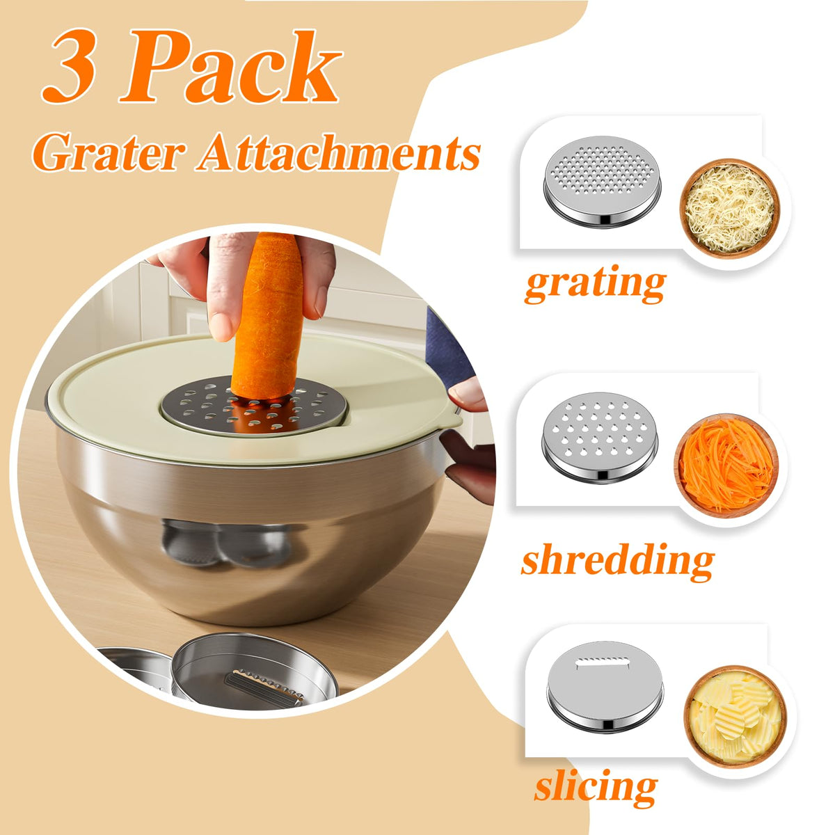 Winproper bowls with 3 grater attachments simplify slicing, shredding, and grating.