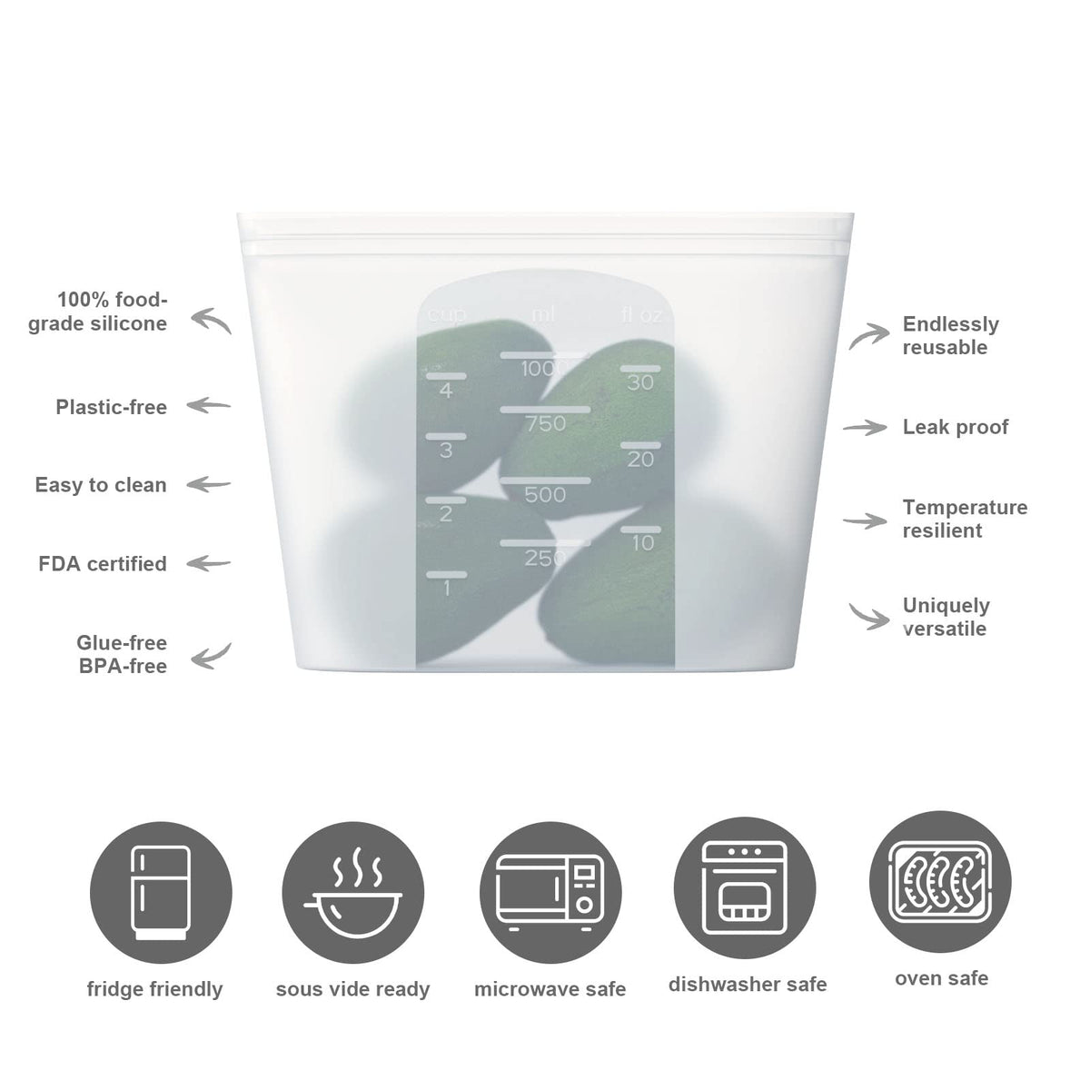 Winrock middle 32oz silicone bag with zip-seal keeps soups fresh.