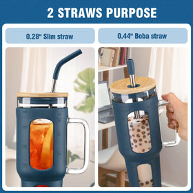 Bamboo lid with silicone sleeve and dual straws protects drinks and keeps lids dry