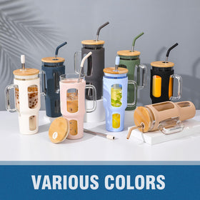 Blue WINSA glass tumbler suited for tea, coffee, or smoothies