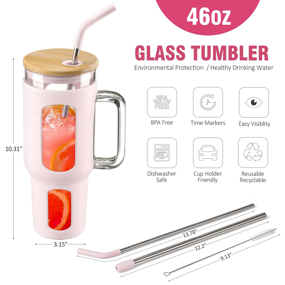 WINSA capacity marker on glass helps track daily water intake.