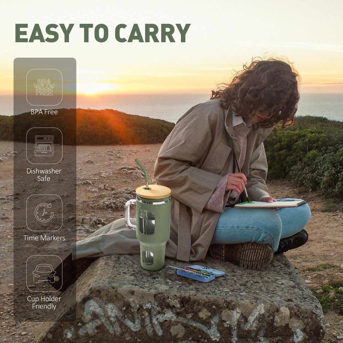Dishwasher-safe glass with food-grade silicone sleeve for easy care.