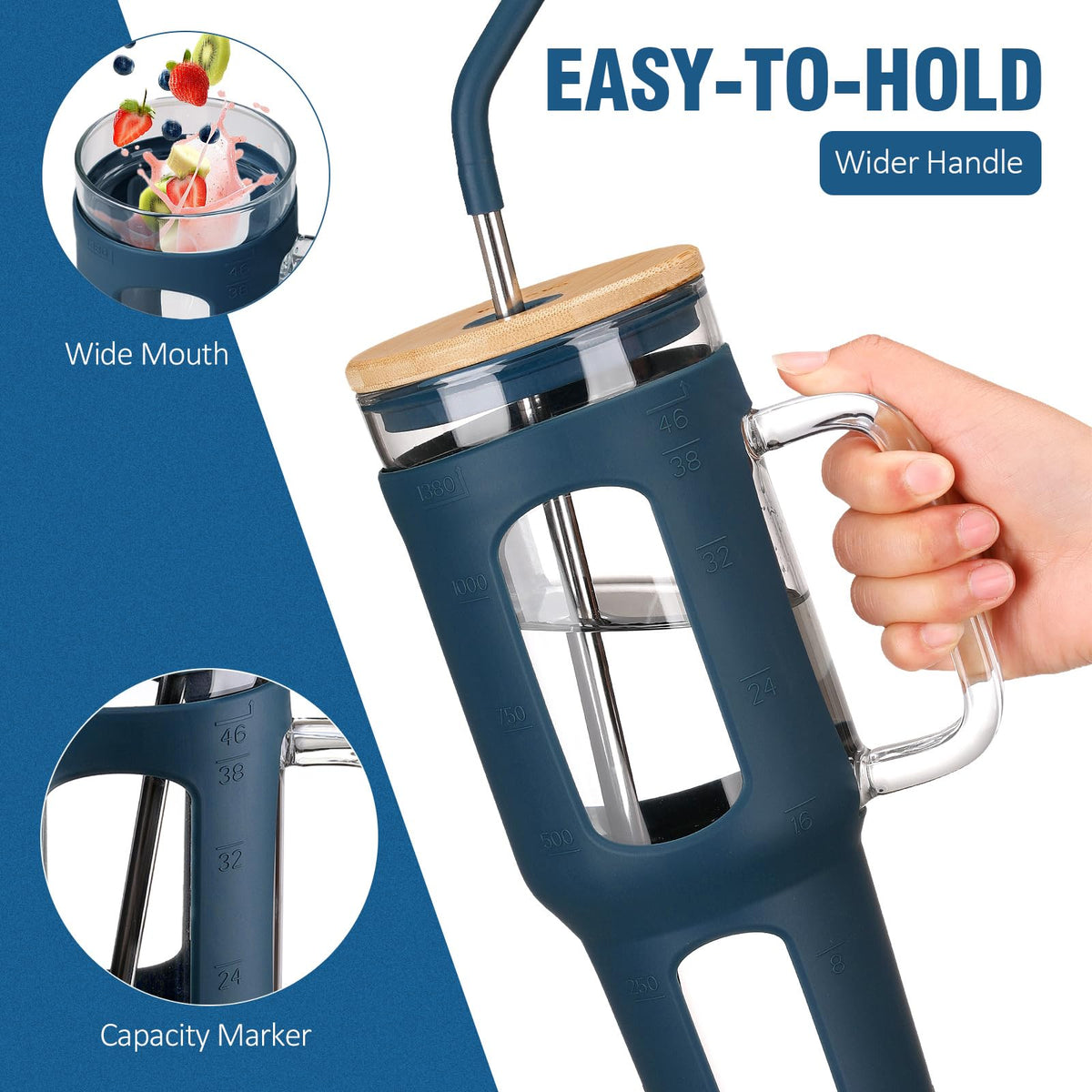 Ergonomic-handle WINSA glass tumbler provides a secure grip for hot or cold beverages