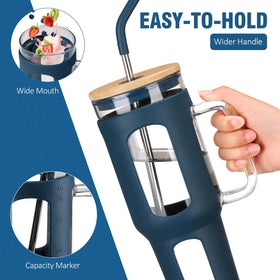 Ergonomic-handle WINSA glass tumbler provides a secure grip for hot or cold beverages
