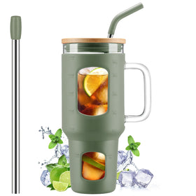 WINSA glass tumbler with handle offers secure grip for hot or cold drinks.